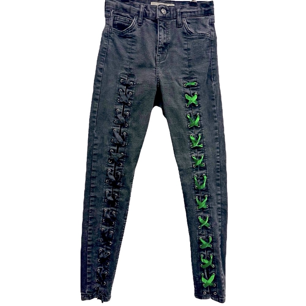 Topshop Jaime High Waist Moto Extreme Corset Lace Up Skinny Jeans 26 Black Green
